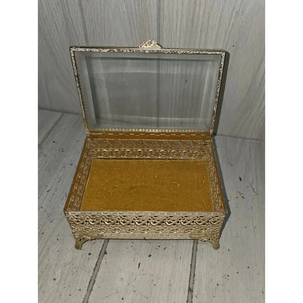 Vintage Antique Gilt Filigree Velvet Lined Beveled Glass Jewelry Box Victorian